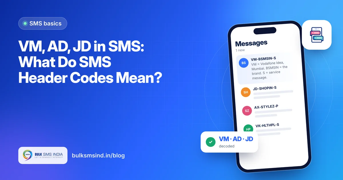 VM, AD, JD in SMS: What Do SMS Header Codes Mean? – sms header meaning guide by Bulk SMS India