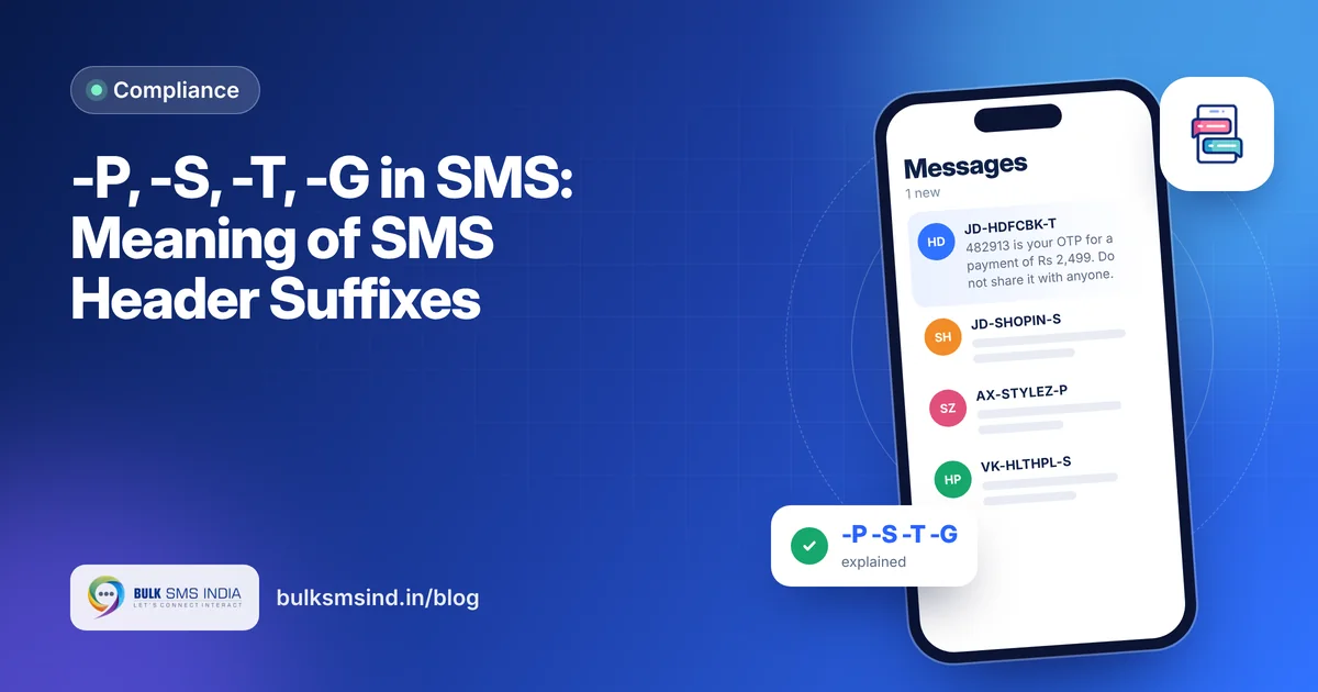 -P, -S, -T, -G in SMS: Meaning of SMS Header Suffixes – -p -s -t -g in sms meaning guide by Bulk SMS India